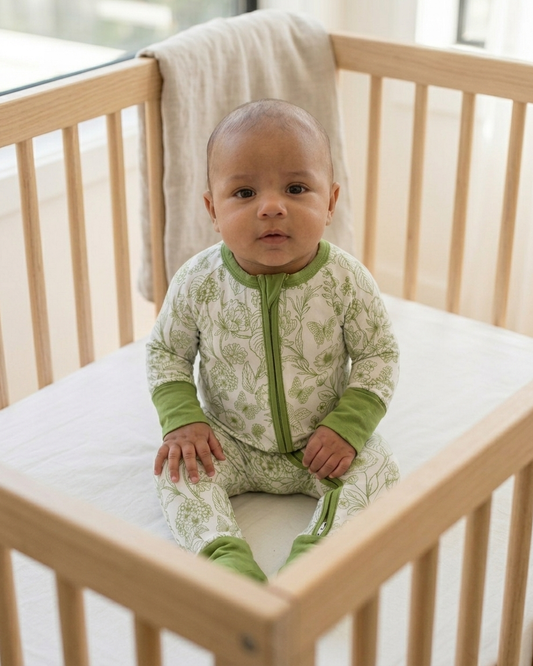 Baby wearing Botanical Moss Green bamboo pajamas by Shae & Palmer, soft breathable temperature-regulating fabric with floral print