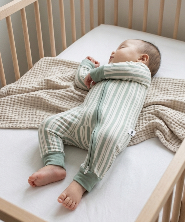 Baby wearing Studio Stripe Green Haze bamboo pajamas by Shae & Palmer, soft breathable temperature-regulating fabric with green stripe print