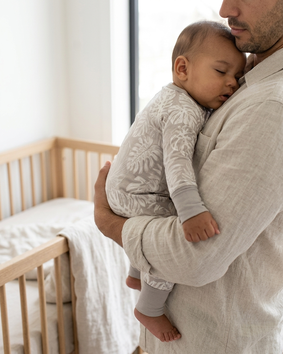 Baby wearing Tropical Bliss Sandstone bamboo pajamas by Shae & Palmer, soft breathable temperature-regulating fabric with neutral palm print