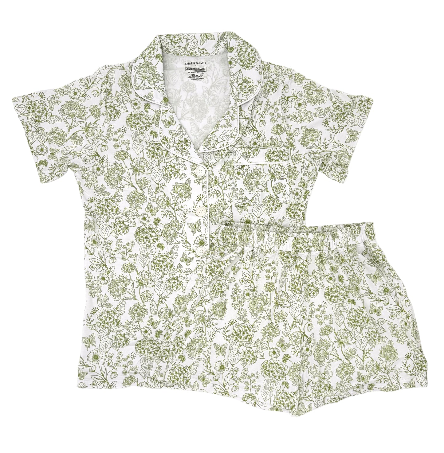 Close-up of Moss Green Botanical bamboo fabric from Shae & Palmer women’s pajama set — soft, sustainable material with delicate floral texture.