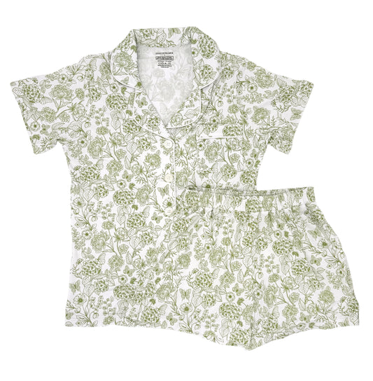 Close-up of Moss Green Botanical bamboo fabric from Shae & Palmer women’s pajama set — soft, sustainable material with delicate floral texture.