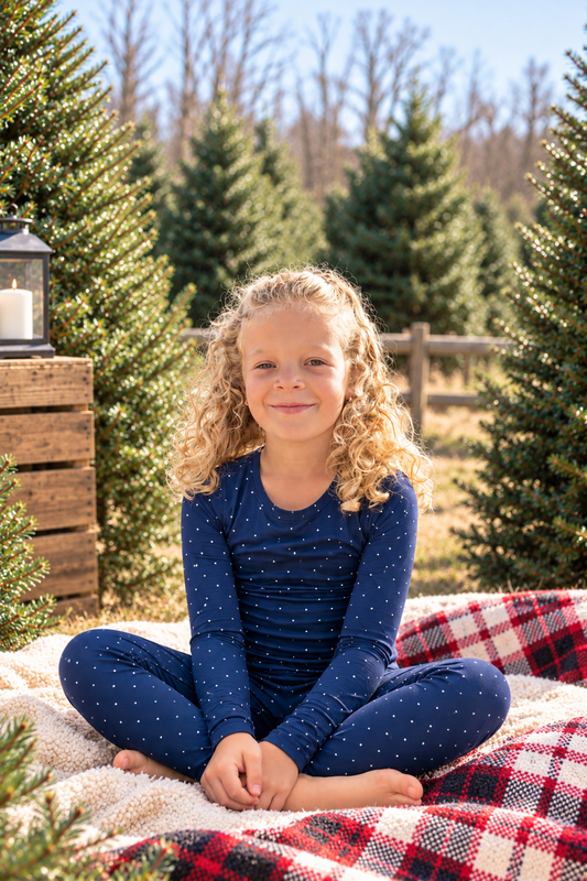 Big kids wearing navy Midnight Dot bamboo pajamas with a white dot print, soft holiday sleepwear for Hanukkah and Christmas