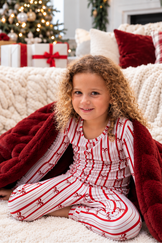 Big kids Ribbon Stripe bamboo pajamas in a soft striped print, comfortable matching sleepwear for boys and girls