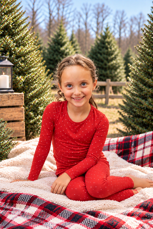 Big girl wearing Ruby Dot bamboo pajamas in red with a delicate white dot print, cozy Christmas holiday sleepwear for big kids
