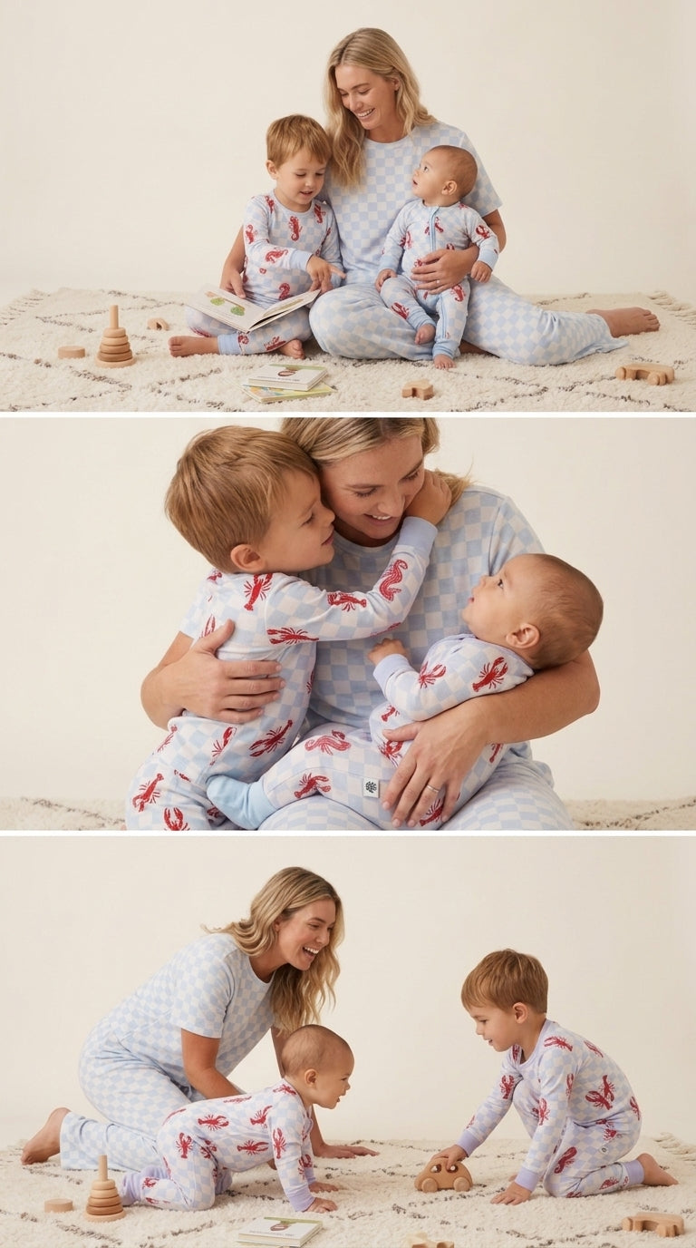 Close-up of women’s blue checkered bamboo pajamas showing soft breathable and stretchy fabric texture