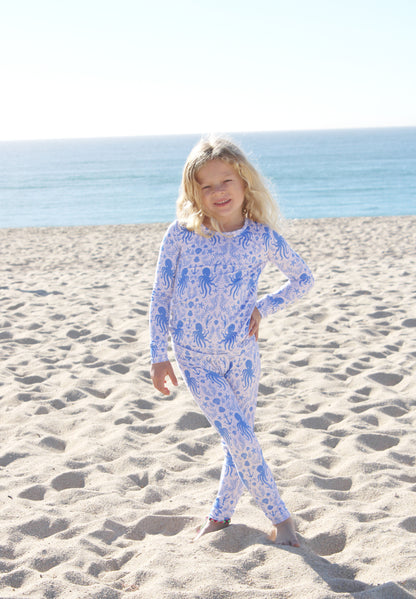 Two-piece toddler pajama set in Hidden Ocean Treasures print with octopus and seashell design.