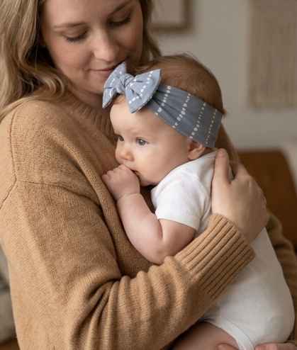 Baby wearing the Blue Raspberry bamboo baby headband by Shae & Palmer
