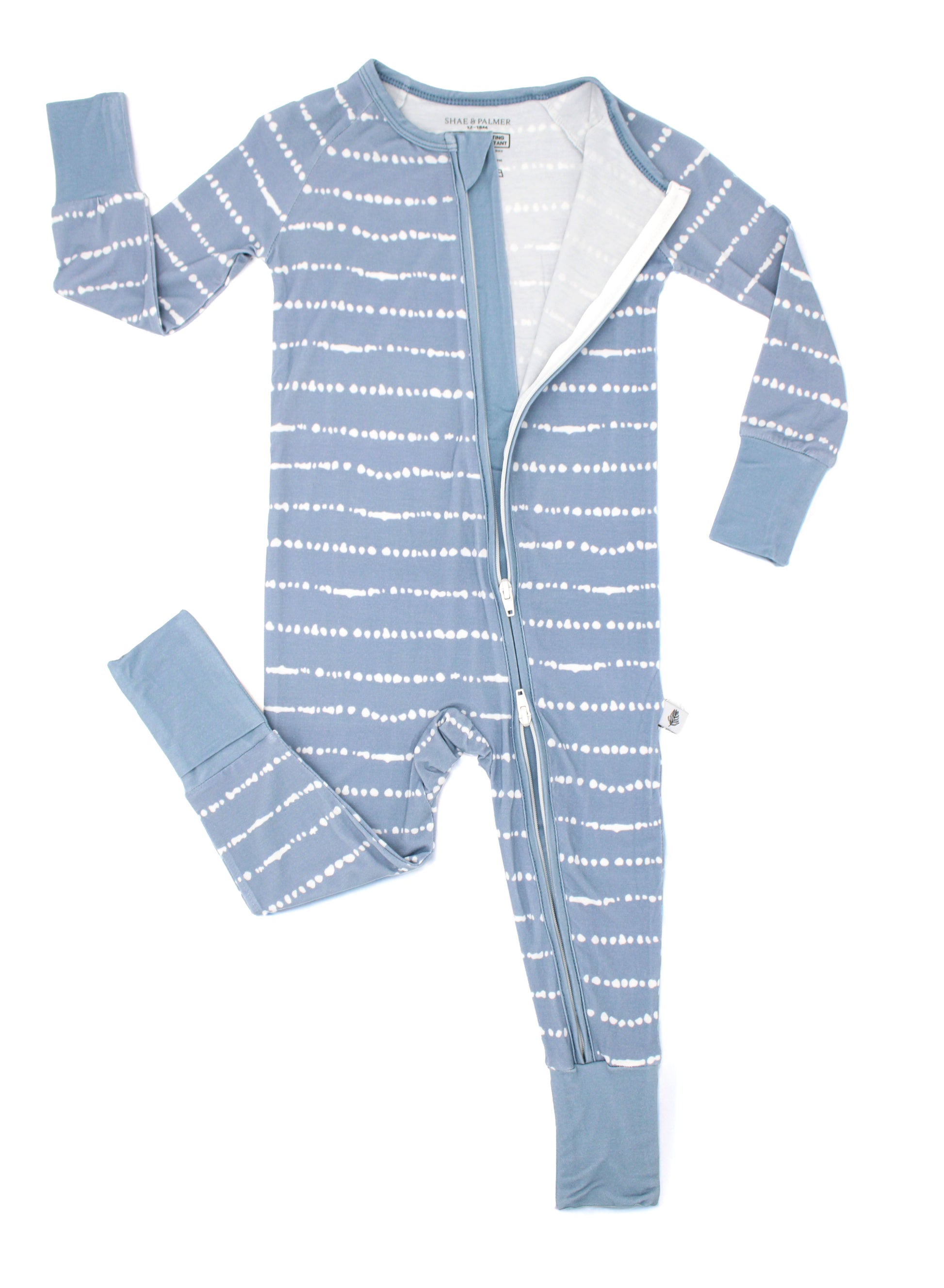 Close-up of two-way zipper detail on Blue Raspberry Stripe bamboo baby romper