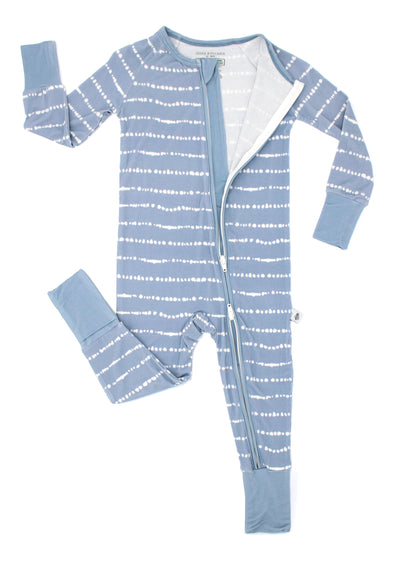 Close-up of two-way zipper detail on Blue Raspberry Stripe bamboo baby romper