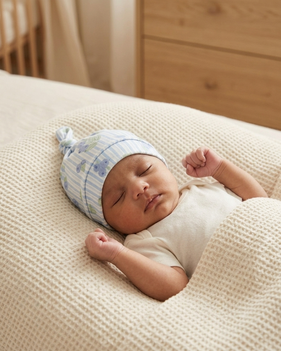 Blueberry Lane bamboo baby hat paired with matching baby pajamas