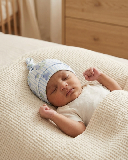 Blueberry Lane bamboo baby hat paired with matching baby pajamas