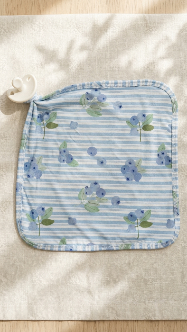 Blueberry Lane baby lovey and pacifier holder in soft bamboo fabric