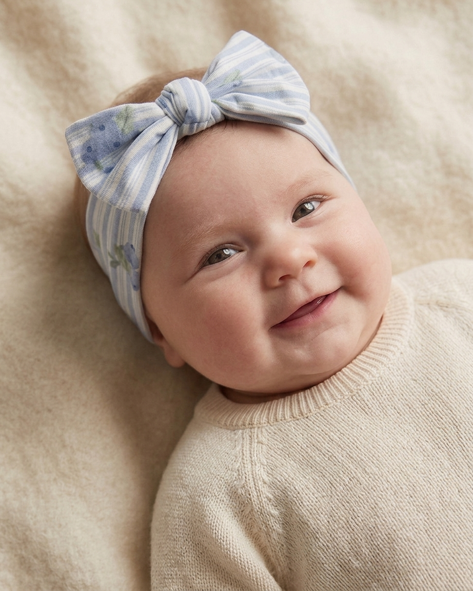 Baby wearing the Blueberry Lane bamboo baby headband by Shae & Palmer