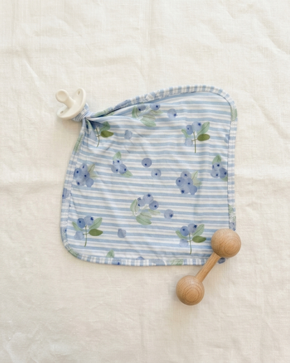 Blueberry Lane baby lovey with secure pacifier and teether attachment loop