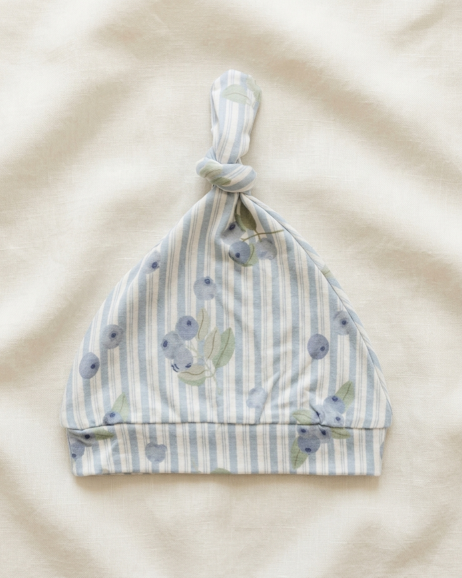 Blueberry Lane bamboo newborn baby hat in soft blue tones