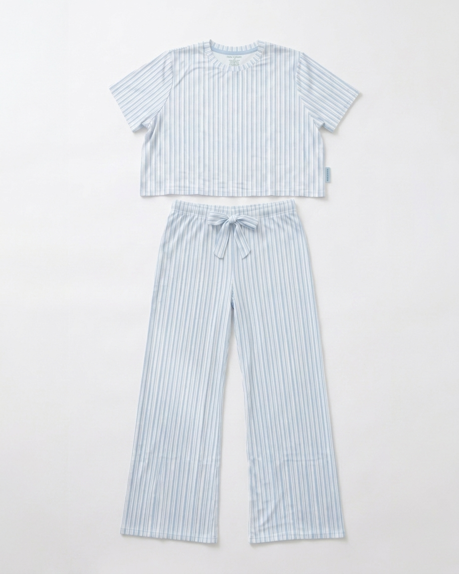 Women's Blueberry Stripes bamboo pajama set by Shae & Palmer featuring a soft blue striped short-sleeve top and matching wide-leg pants.