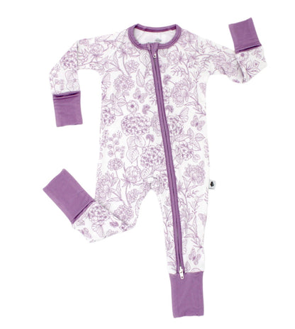 Shae & Palmer Botanical Collection - bamboo baby zip romper in Amethyst purple floral print. Soft, breathable pajamas with double zipper for easy diaper changes, perfect for stylish baby girls.