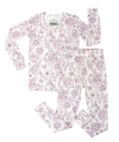 Shae & Palmer Botanical Collection — bamboo toddler pajamas in Amethyst purple floral print. Ultra-soft, breathable two-piece pajama set for baby and toddler girls, perfect for cozy sleep and all-day play.