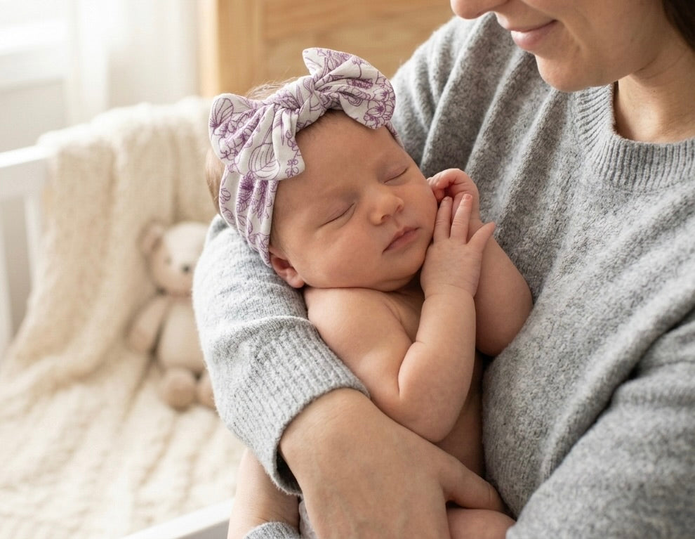 Botanical Amethyst Purple bamboo baby headband by Shae & Palmer with elegant floral print and soft stretch design.