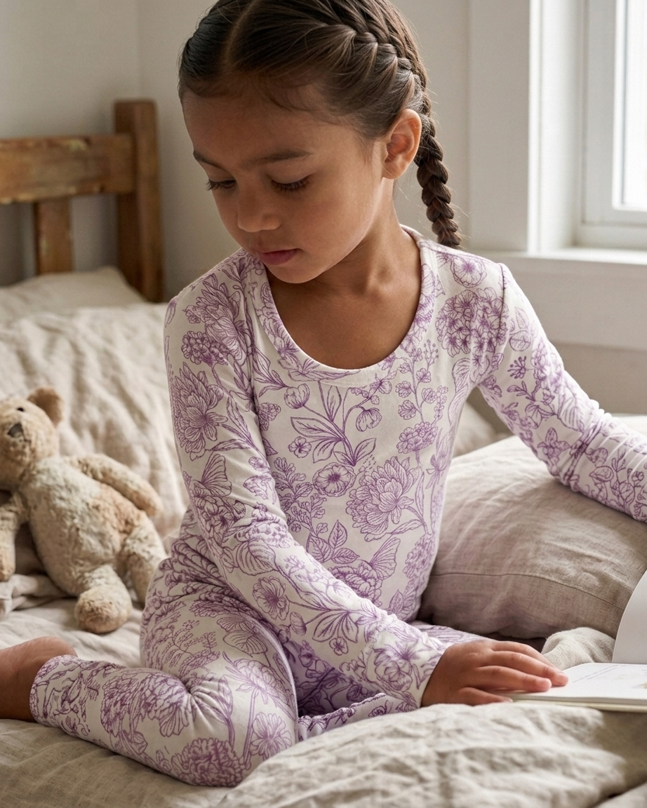 Shop Botanical big kids bamboo pajamas by Shae & Palmer—soft, breathable two-piece sleepwear made from temperature-regulating bamboo. Floral print, perfect for everyday comfort.