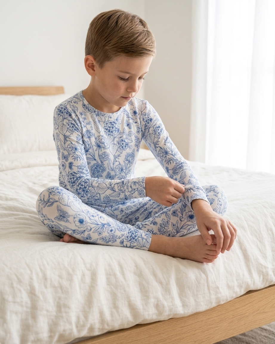 Botanical big kids bamboo pajamas by Shae & Palmer with delicate floral print, ultra-soft breathable two-piece set