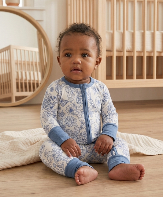 Baby wearing Botanical Blue bamboo romper by Shae & Palmer with double zipper, fold-over footies, and soft temperature-regulating bamboo fabric