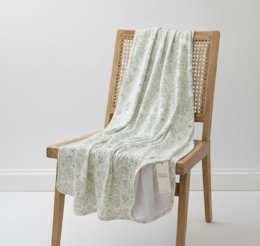 Botanical Moss Green bamboo baby blanket by Shae & Palmer with delicate floral print, ultra-soft breathable 46x46 swaddle