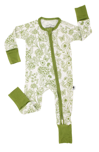 Shae & Palmer Botanical Collection — bamboo baby zip romper in Moss Green floral print. Soft, breathable zip-up pajamas with double zipper for easy diaper changes, perfect for cozy, stylish baby sleepwear.