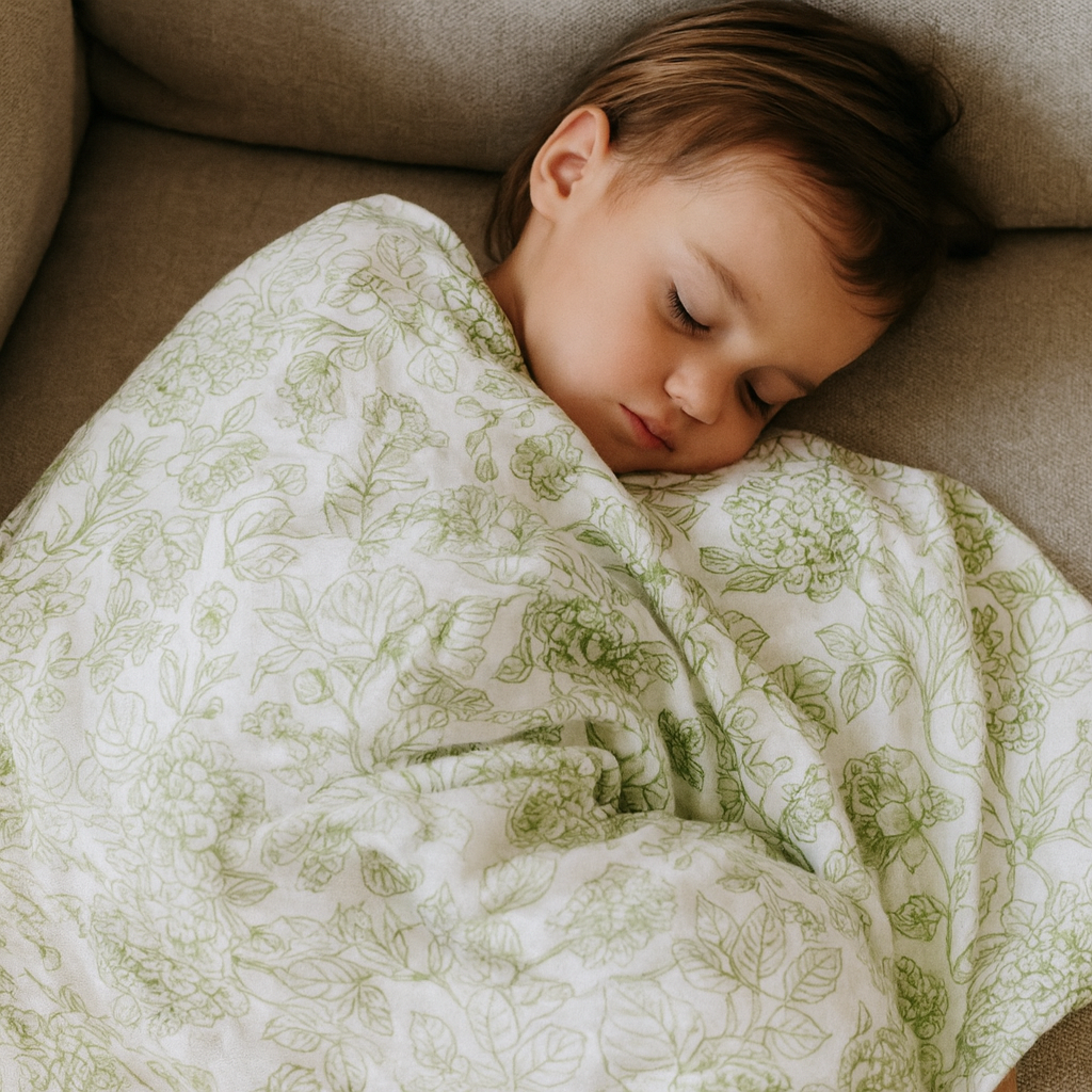Close-up of Botanical Moss Green bamboo baby blanket showing delicate floral print in soft green tones