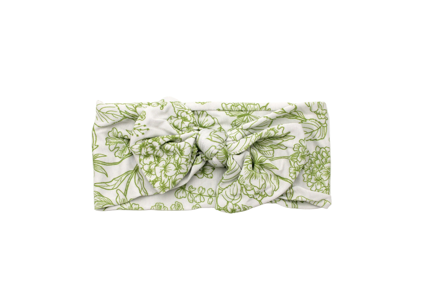 Close-up of Botanical Moss Green bamboo headband floral print by Shae & Palmer, soft green tones