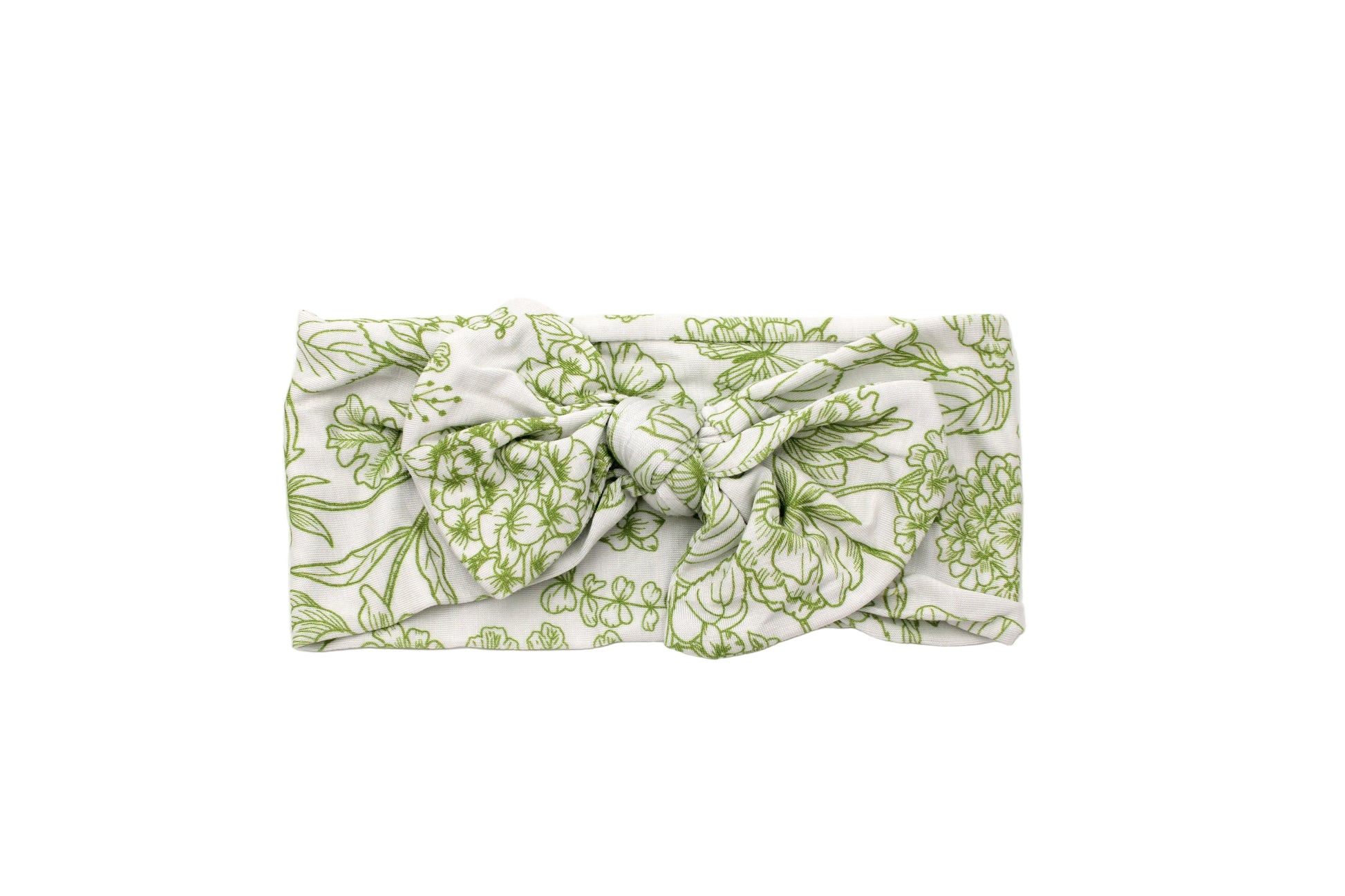 Close-up of Botanical Moss Green bamboo headband floral print by Shae & Palmer, soft green tones