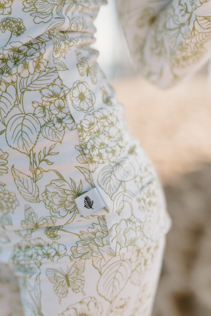 Baby and toddler bamboo pajamas in soft green floral print — Shae & Palmer Botanical Collection in Amethyst, breathable luxury sleepwear for girls, perfect for bedtime and playtime