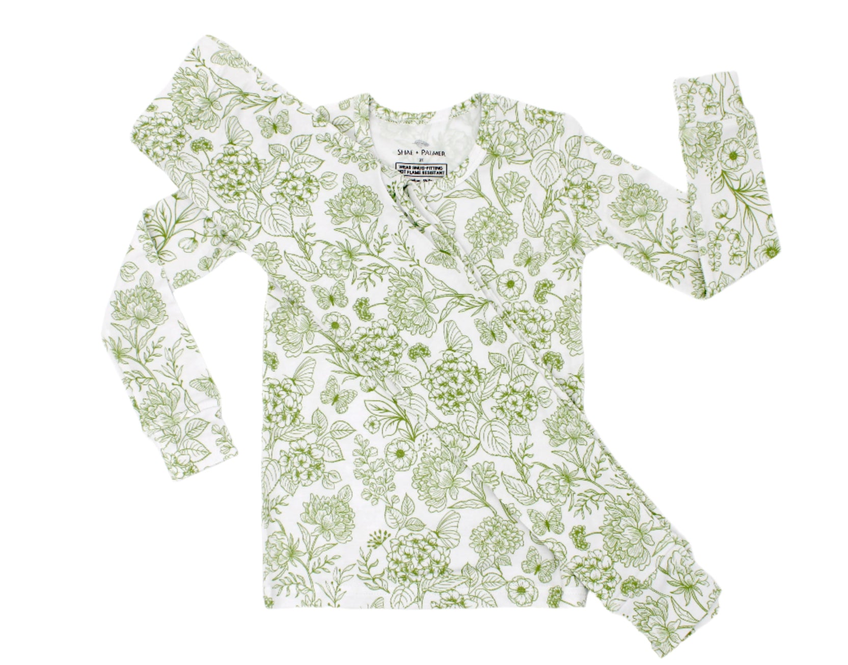 Shae & Palmer Botanical Collection — bamboo toddler pajamas in Moss Green floral print. Soft, breathable two-piece pajama set designed for baby and toddler girls who love to sleep and play in comfort.