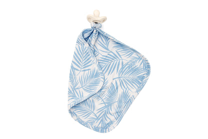 Cali Coastal Baby Blue bamboo lovey with modern palm leaf design, soft baby security blanket and pacifier holder by Shae & Palmer