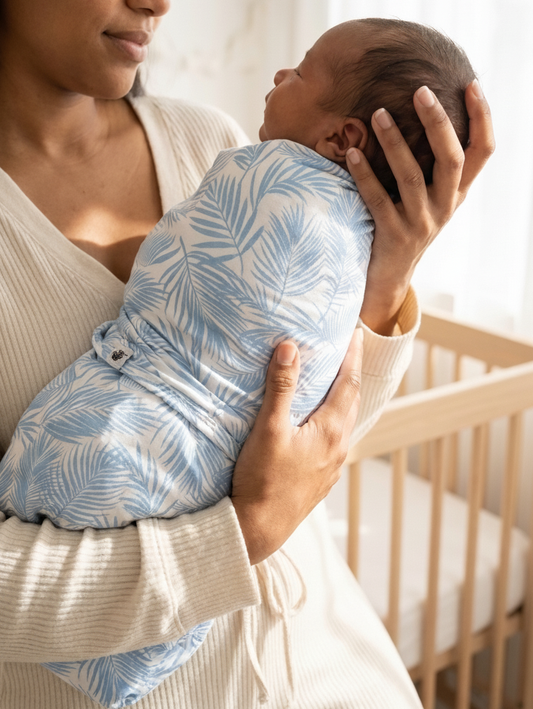 Luxury bamboo baby blanket in Cali Coastal Baby Blue by Shae & Palmer with coastal palm leaf design, ultra soft breathable blanket for newborns and toddlers