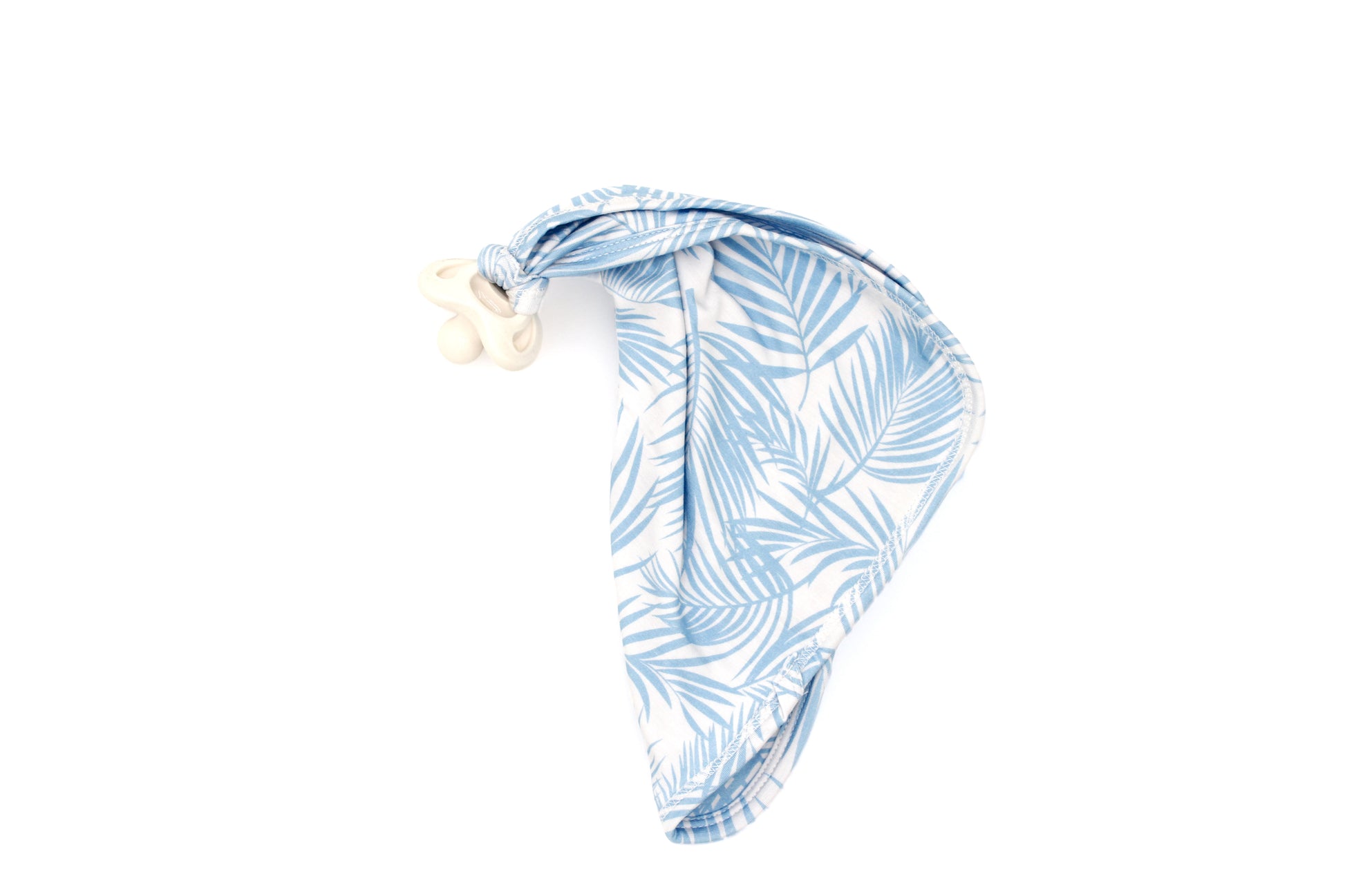 Baby blue bamboo baby lovey with coastal palm leaf pattern from Shae & Palmer Cali Coastal collection, lightweight security blanket with pacifier holder