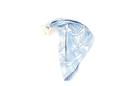 Baby blue bamboo baby lovey with coastal palm leaf pattern from Shae & Palmer Cali Coastal collection, lightweight security blanket with pacifier holder