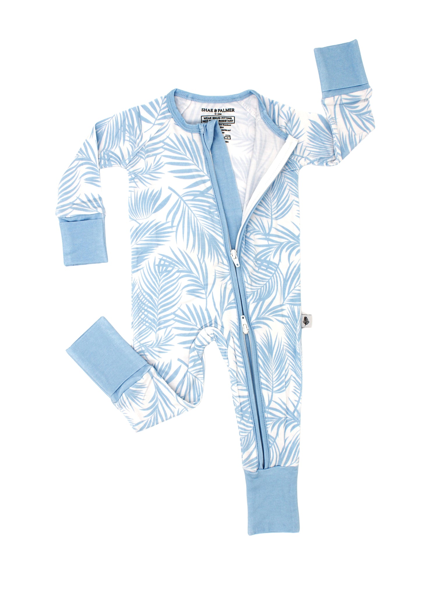 Cali Coastal Baby Blue bamboo baby romper with soft palm leaf print, breathable and ultra-soft baby sleepwear by Shae & Palmer
