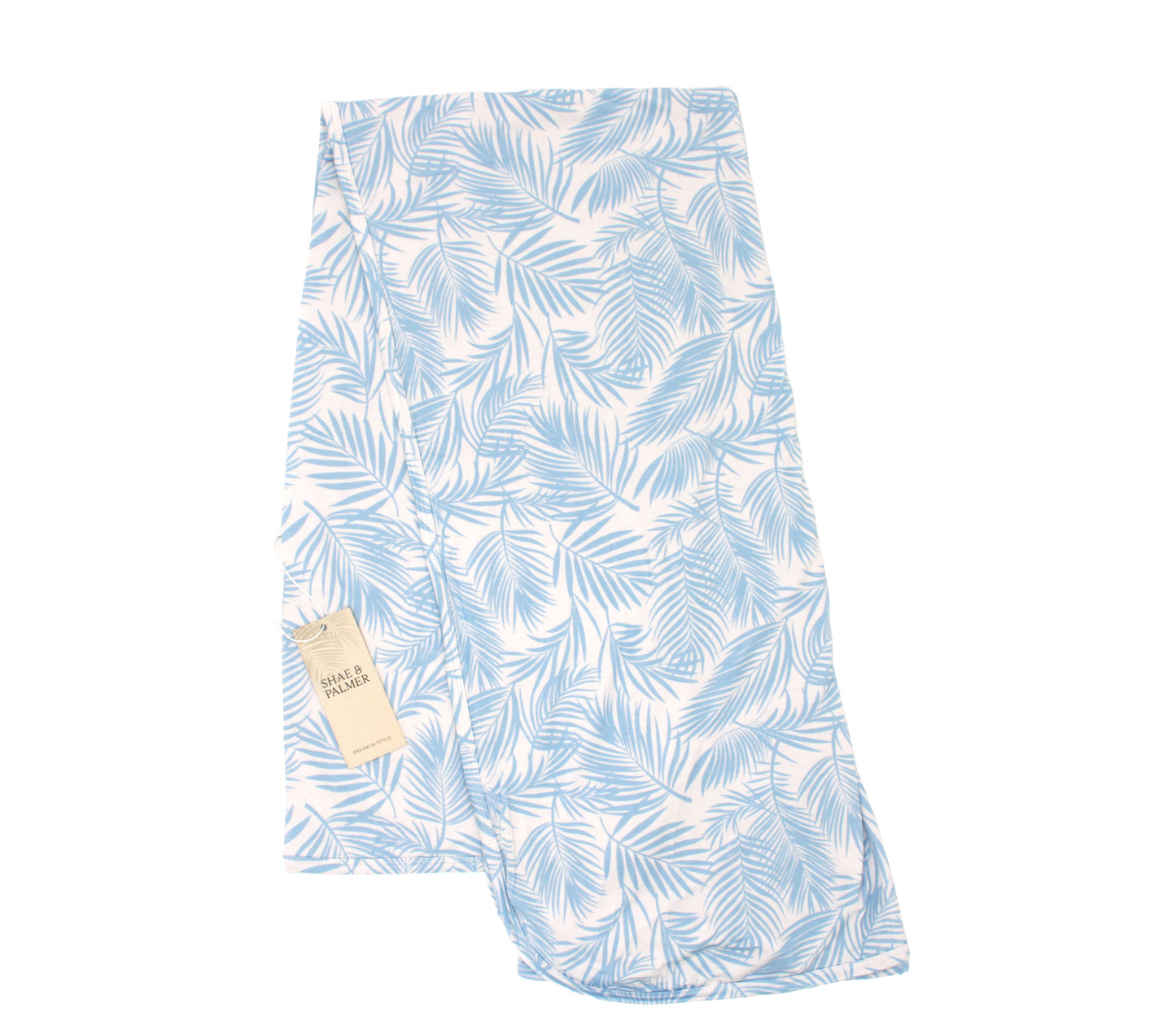 Cali Coastal Baby Blue bamboo swaddle blanket with modern palm leaf print by Shae & Palmer, eco friendly breathable blanket for babies and toddlers