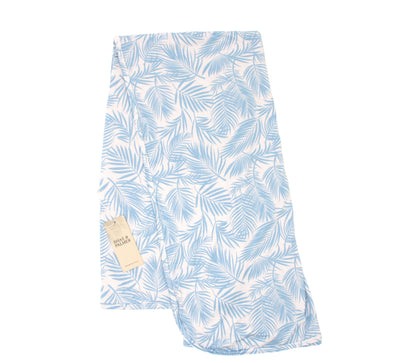 Cali Coastal Baby Blue bamboo swaddle blanket with modern palm leaf print by Shae & Palmer, eco friendly breathable blanket for babies and toddlers
