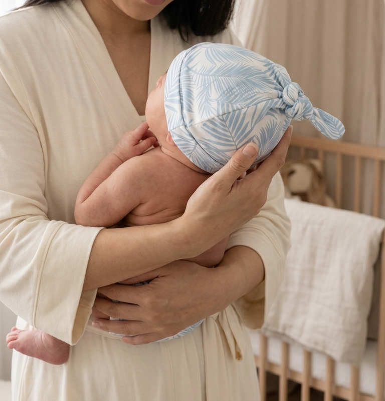 Cali Coastal Baby Blue bamboo baby hat by Shae & Palmer featuring coastal palm leaf design, soft breathable hat for newborn babies