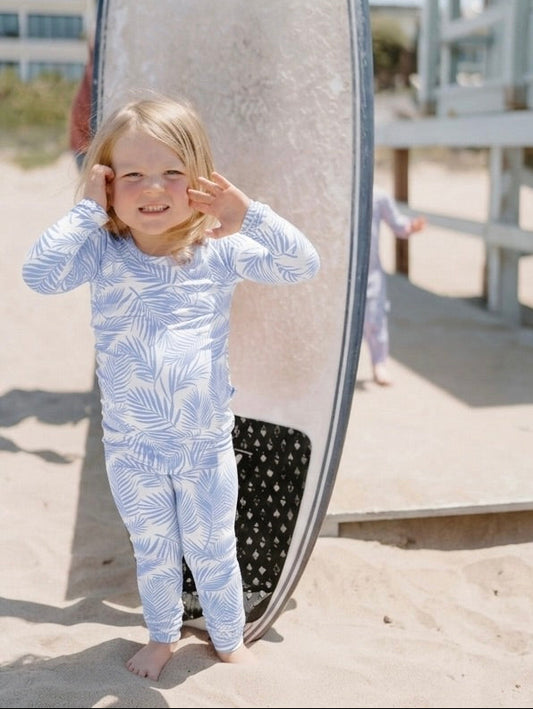 Cali Coastal Baby Blue toddler bamboo pajamas by Shae & Palmer with palm leaf print, ultra-soft breathable two-piece set