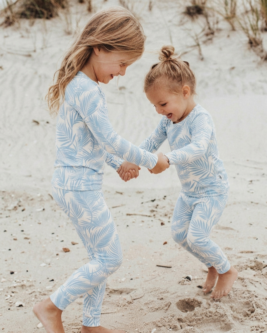 Close-up of Cali Coastal bamboo pajamas palm leaf print by Shae & Palmer, coastal-inspired design