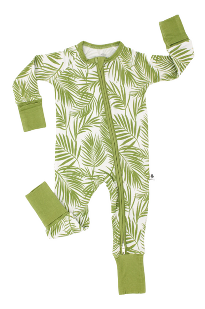Shae & Palmer Cali Coastal Green baby romper crafted from breathable bamboo fabric, featuring a tropical palm-inspired design, double zipper for easy diaper changes, and eco-conscious materials.