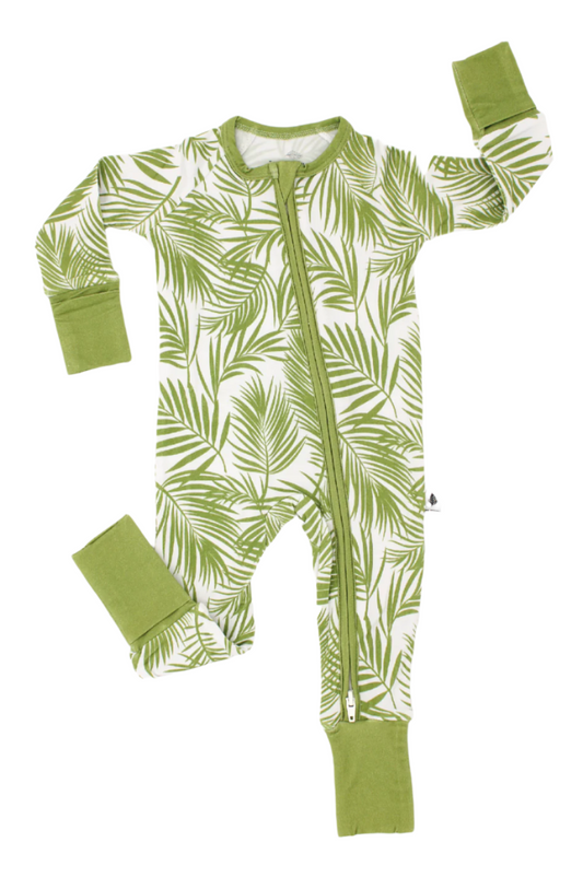 Shae & Palmer Cali Coastal Green baby romper crafted from breathable bamboo fabric, featuring a tropical palm-inspired design, double zipper for easy diaper changes, and eco-conscious materials.