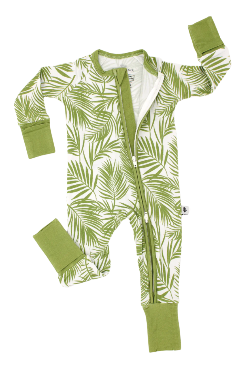 Sustainable bamboo baby sleepwear in Cali Coastal Green from Shae & Palmer, a tropical-inspired romper designed for softness, breathability, and effortless baby dressing.