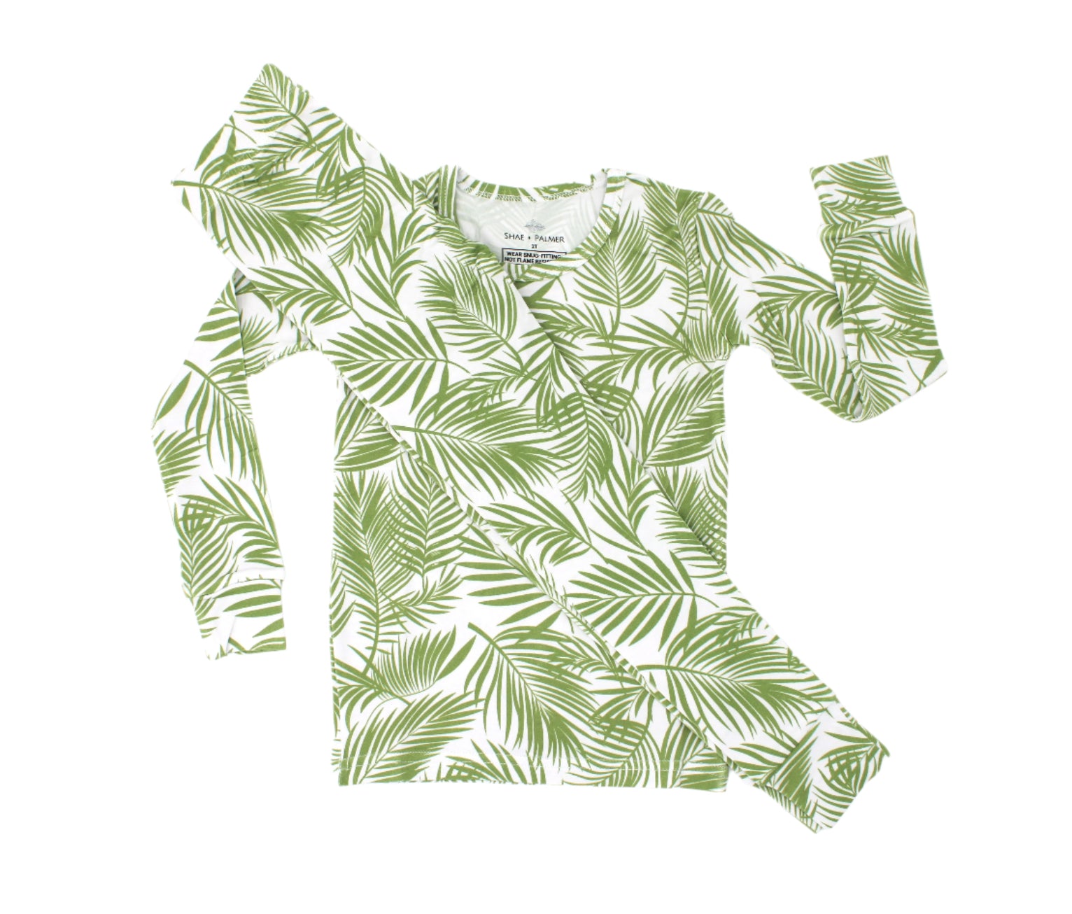 Shae & Palmer Cali Coastal Collection — bamboo toddler pajamas in Green palm leaf print. Soft, breathable two-piece pajama set for baby and toddler boys or girls, perfect for warm-weather sleep and play.