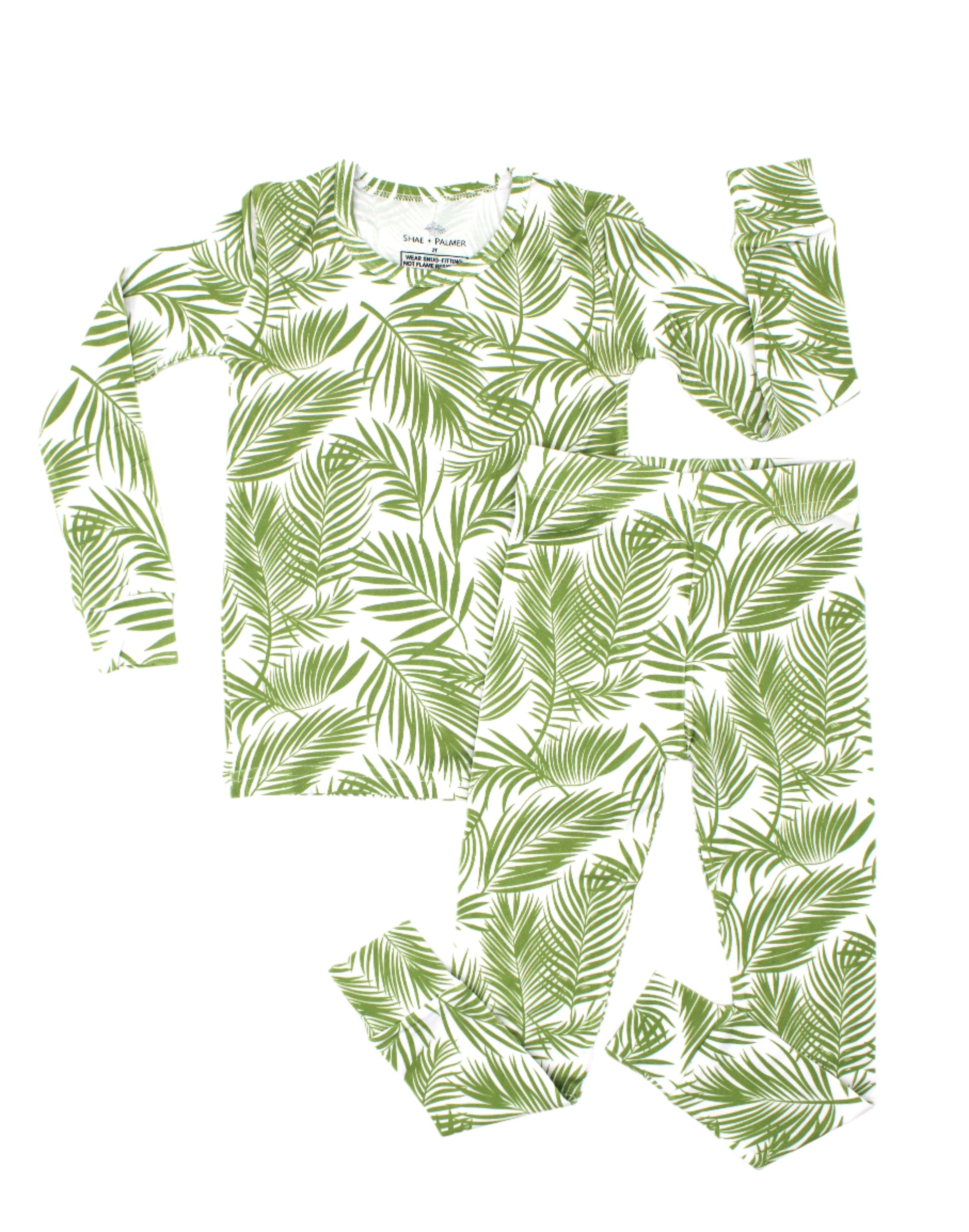 Shae & Palmer Cali Coastal Collection — bamboo toddler pajamas in Green palm leaf print. Soft, breathable two-piece pajama set for baby and toddler boys or girls, perfect for warm-weather sleep and play