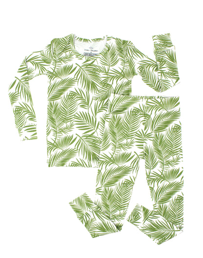Shae & Palmer Cali Coastal Collection — bamboo toddler pajamas in Green palm leaf print. Soft, breathable two-piece pajama set for baby and toddler boys or girls, perfect for warm-weather sleep and play