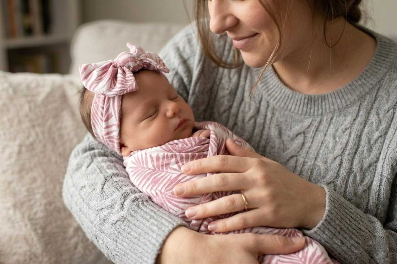 Cali Coastal Pink bamboo baby headband by Shae & Palmer with tropical palm leaf pattern.